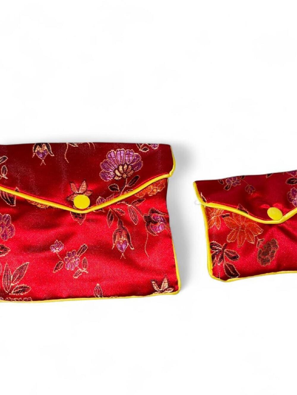 Red Floral Embroidered Silk Pouches with Yellow Trim - Set of 2